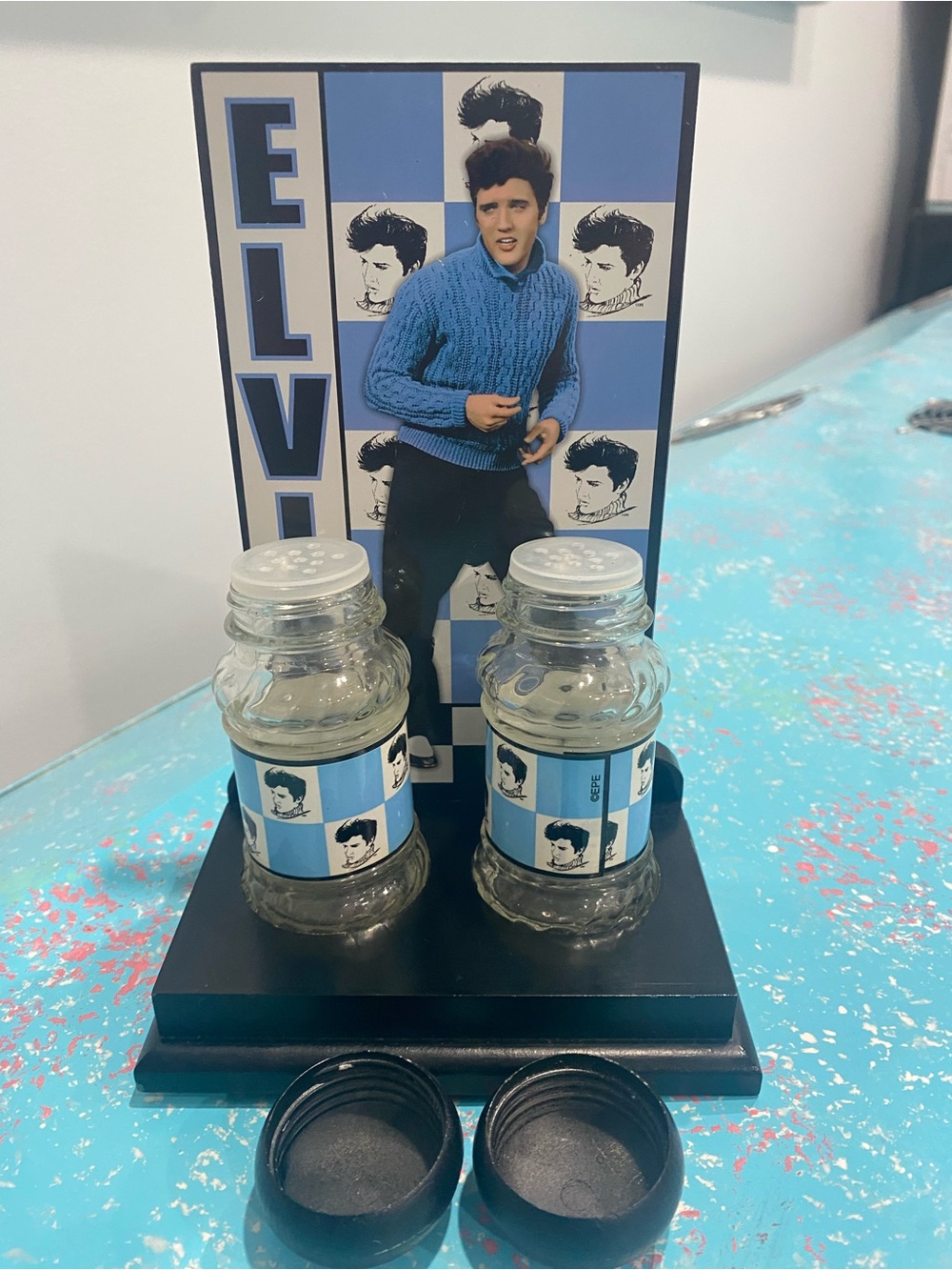 Elvis Presley Blue Check Display Stand with Salt & Pepper Shakers w/ Black Lids